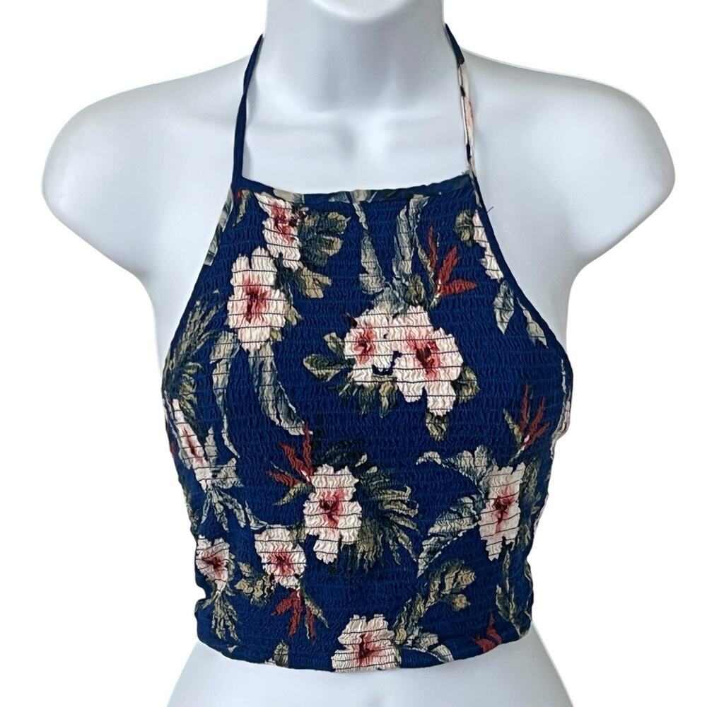Hollister Halter Crop Top Size M Smocked Stretch Boho Cottagecore Navy Floral